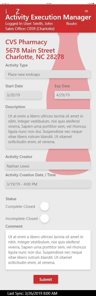 Task doer selected activity screen with read-only fields and a completion status toggle